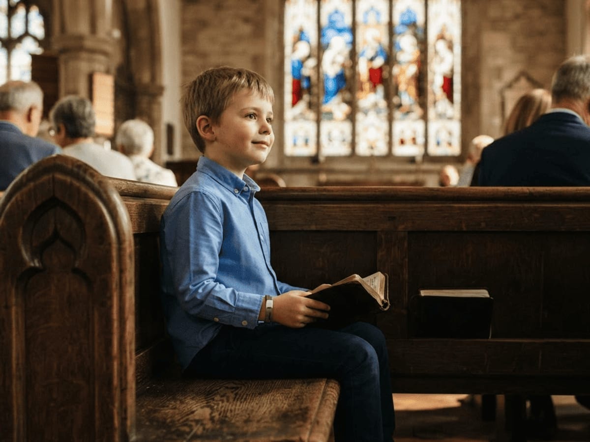 Niño en la iglesia leyendo la Biblia